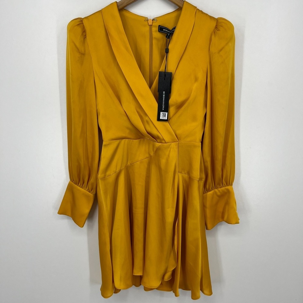 BCBGMAXAZRIA Faux Wrap Cocktail Dress Women's Size 0 Golden Glow Yellow New NWT